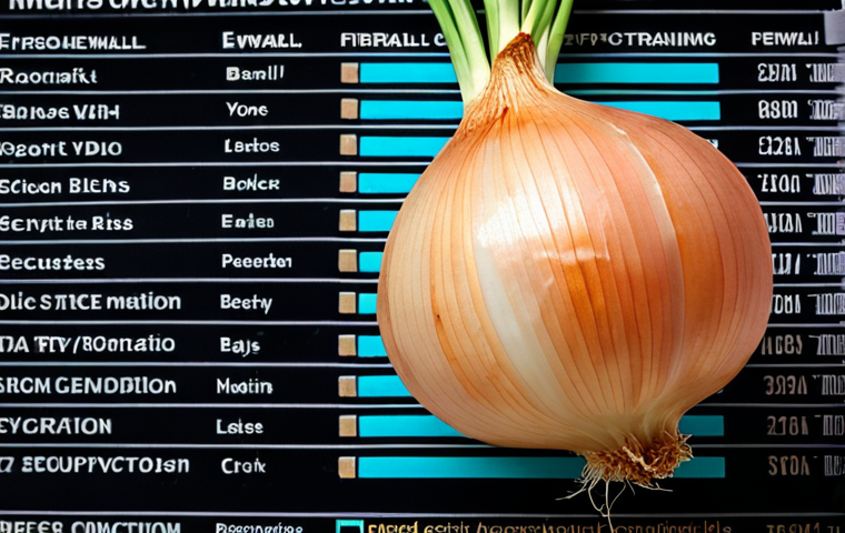 **A multi-layered onion representing data security, with each layer labeled (Firewall, Encryption, Employee Training). Cyber threats are depicted as attempting to penetrate the layers, but being blocked. A modern, digital aesthetic.**