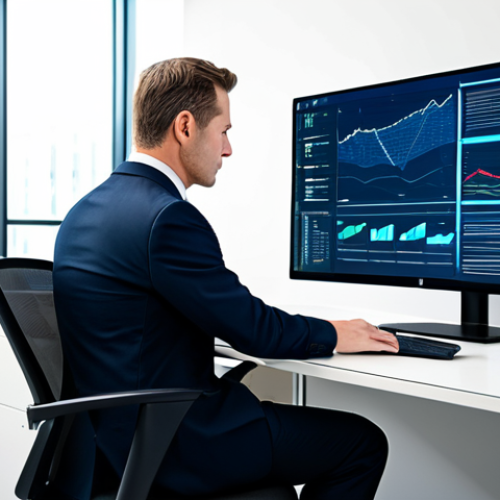 Home 14 A professional business person in a sharp business suit, seated at a sleek desk in a high-tech, minimalist office. They are looking intently at a large monitor displaying abstract, non-threatening data patterns and a seemingly legitimate email, subtly hinting at AI-driven sophistication. The office background is clean and modern, with soft lighting, emphasizing the new era of sophisticated email threats. fully clothed, appropriate attire, safe for work, professional dress, perfect anatomy, correct proportions, natural pose, well-formed hands, proper finger count, natural body proportions, professional photography, high quality, appropriate content, family-friendly.