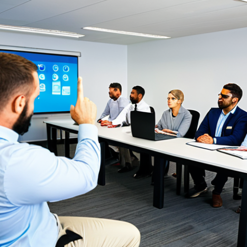 Home 7 Modern Office Security Training**
"A diverse group of professionals attentively participating in a cybersecurity awareness training session in a brightly lit, modern office conference room. Fully clothed, appropriate attire, safe for work, professional setting, demonstrating vigilance and learning. Perfect anatomy, correct proportions, natural pose, well-formed hands, proper finger count, high quality, family-friendly."
**