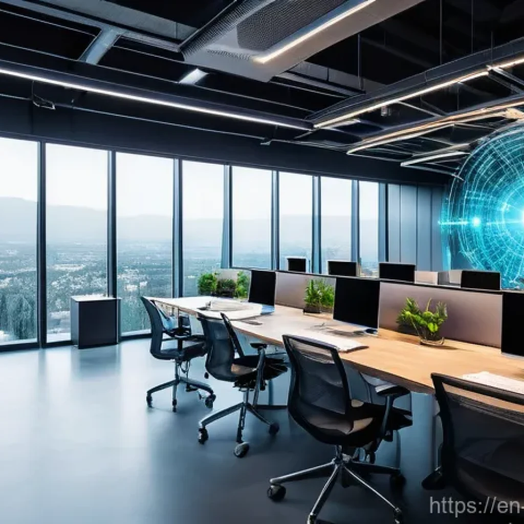 정보보안학 보안 도구의 선택 - **Zero Trust Architecture in a Modern Office**:
    "A sleek, futuristic, and brightly lit open-plan...