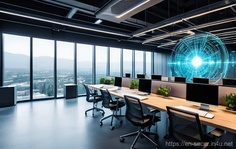 정보보안학 보안 도구의 선택 - **Zero Trust Architecture in a Modern Office**:
    "A sleek, futuristic, and brightly lit open-plan...