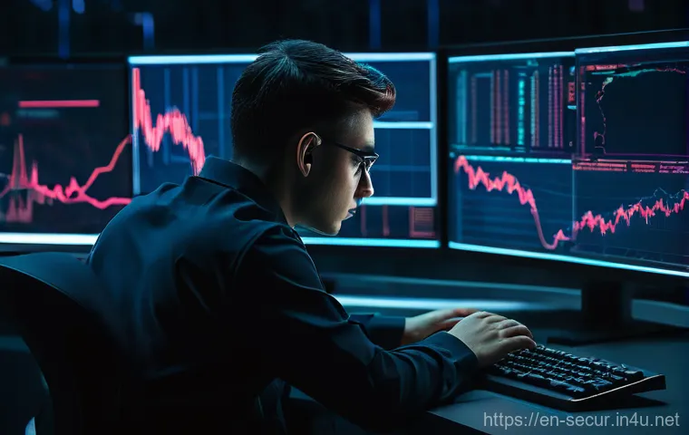 정보보안학 보안 사고 분석 - **Prompt:** A highly detailed, cinematic shot of a focused cybersecurity analyst in a dimly lit, fut...