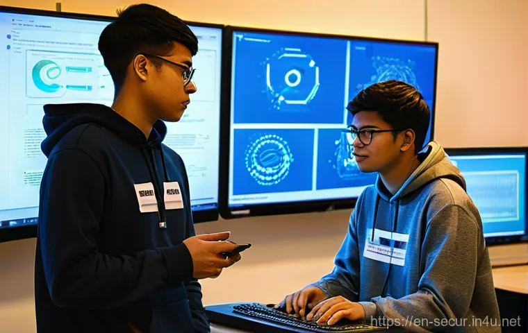 정보보안학 학위 취득 - **Cybersecurity Lab: Collaborative Learning & Innovation**
    A dynamic, brightly lit scene inside ...