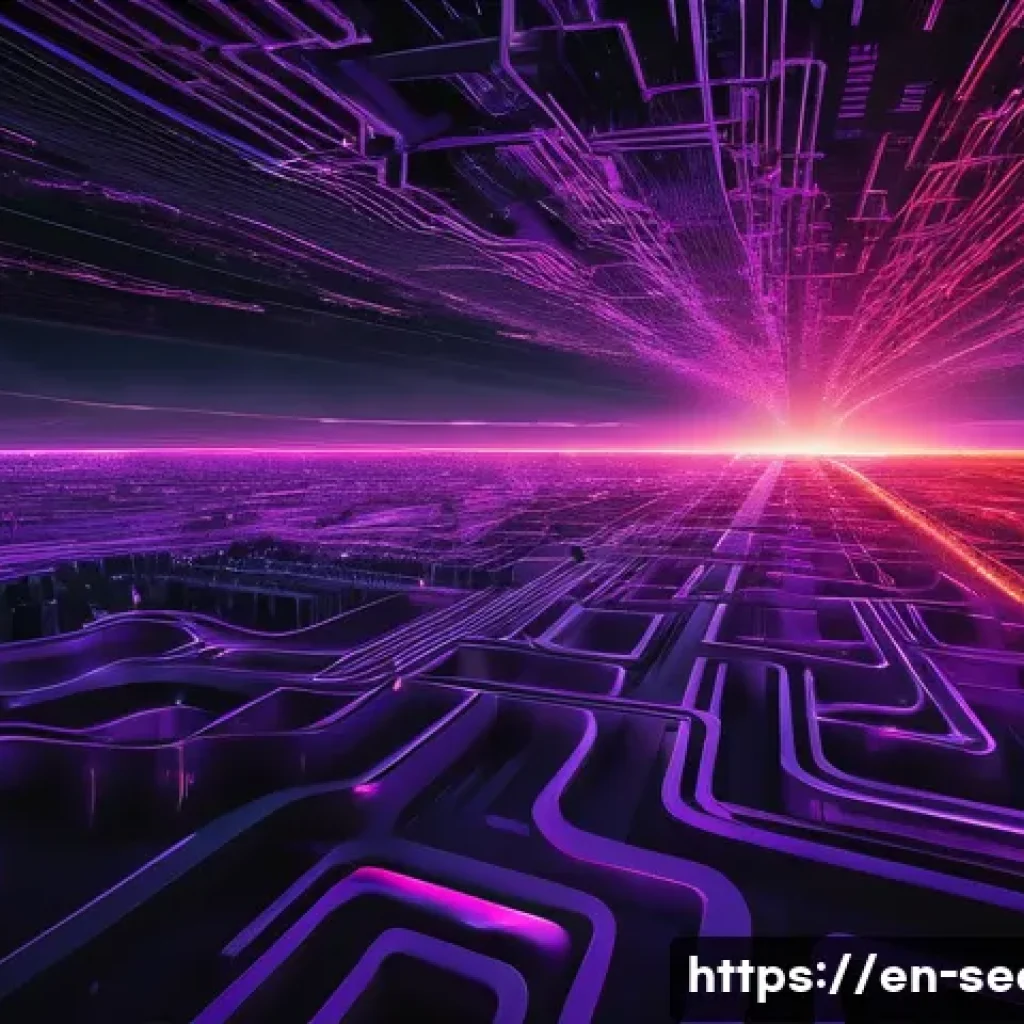 정보보안학 인공지능 보안 - **Prompt:** A futuristic, ominous digital landscape where glowing red and purple data streams conver...