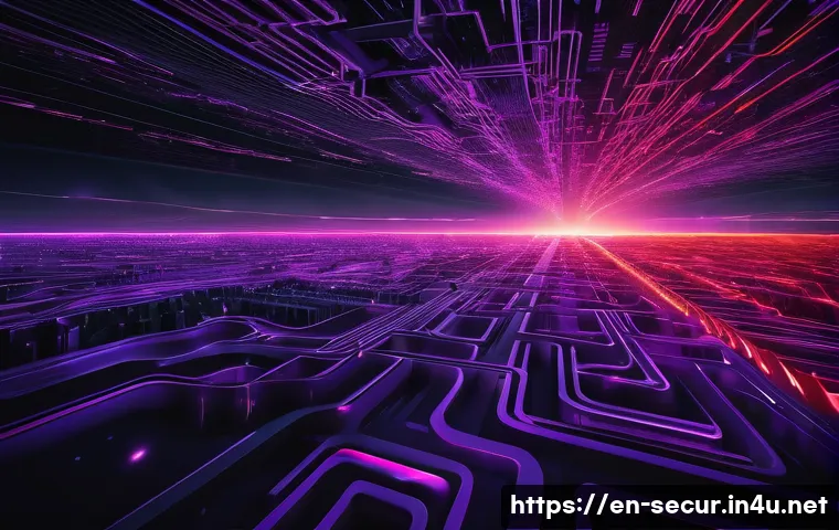 정보보안학 인공지능 보안 - **Prompt:** A futuristic, ominous digital landscape where glowing red and purple data streams conver...