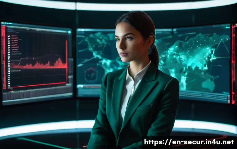 정보보안학 석사과정 - **Prompt:** A highly focused female cybersecurity architect, in her late 20s to early 30s, confident...