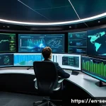 정보보안학 보안 사고 예측 모델 - A futuristic cybersecurity operations center with diverse analysts monitoring multiple large curved ...