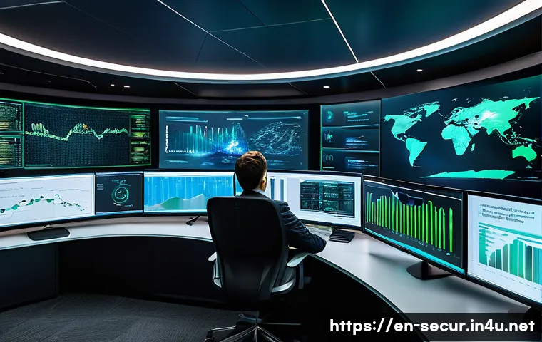 정보보안학 보안 사고 예측 모델 - A futuristic cybersecurity operations center with diverse analysts monitoring multiple large curved ...