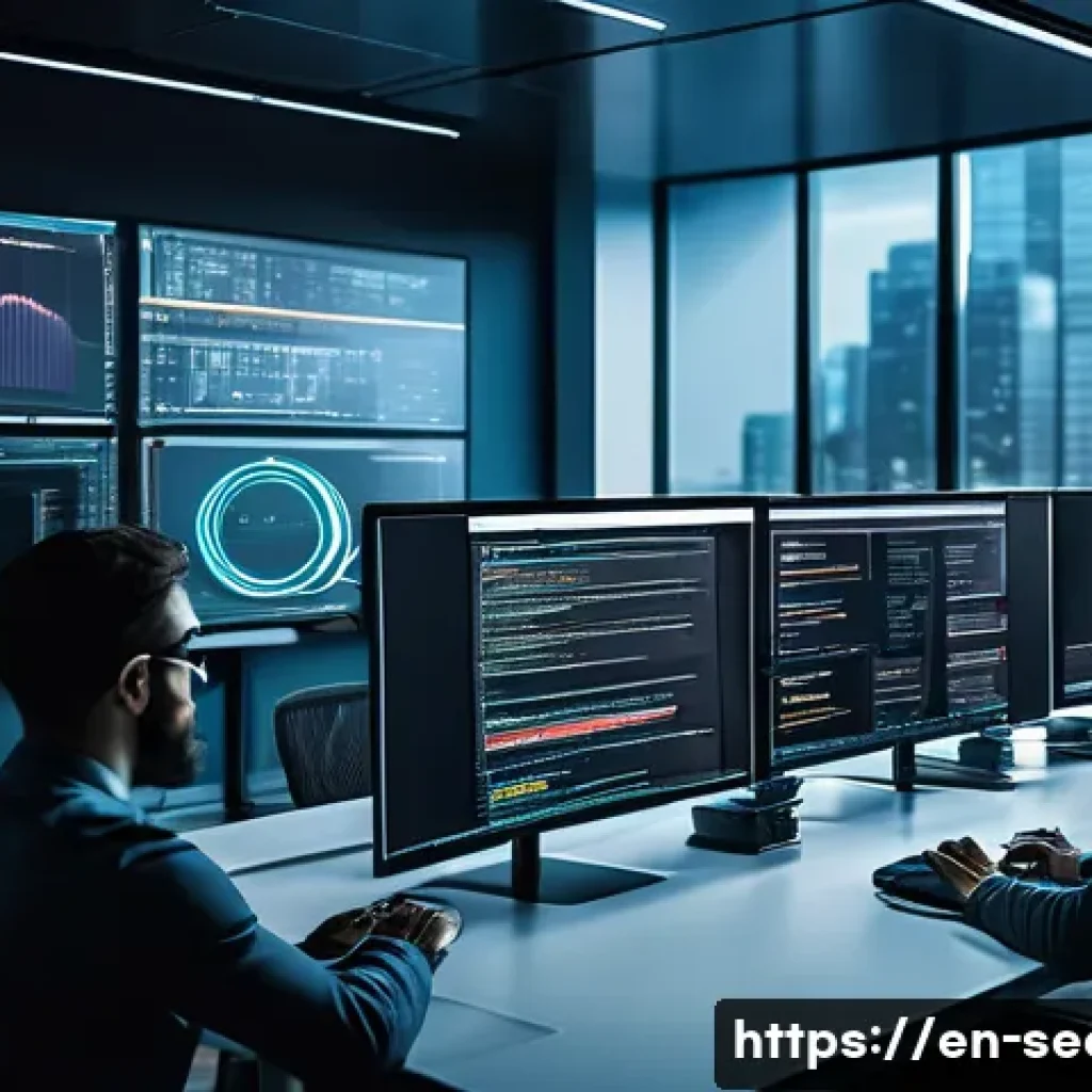 정보보안학 안전한 코드 작성 - A high-tech software development office scene showing diverse professional developers collaborating ...