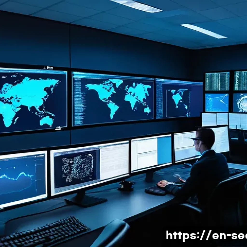 정보보안학 침해 대응 팀 역할 - A modern cybersecurity operations center filled with diverse professionals working intensely on mult...