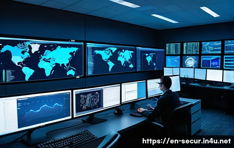 정보보안학 침해 대응 팀 역할 - A modern cybersecurity operations center filled with diverse professionals working intensely on mult...
