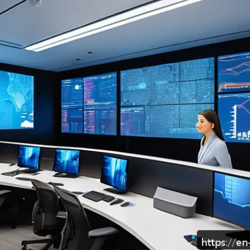 정보보안학 침해 사고 모니터링 - A high-tech cybersecurity operations center bustling with diverse analysts monitoring multiple large...