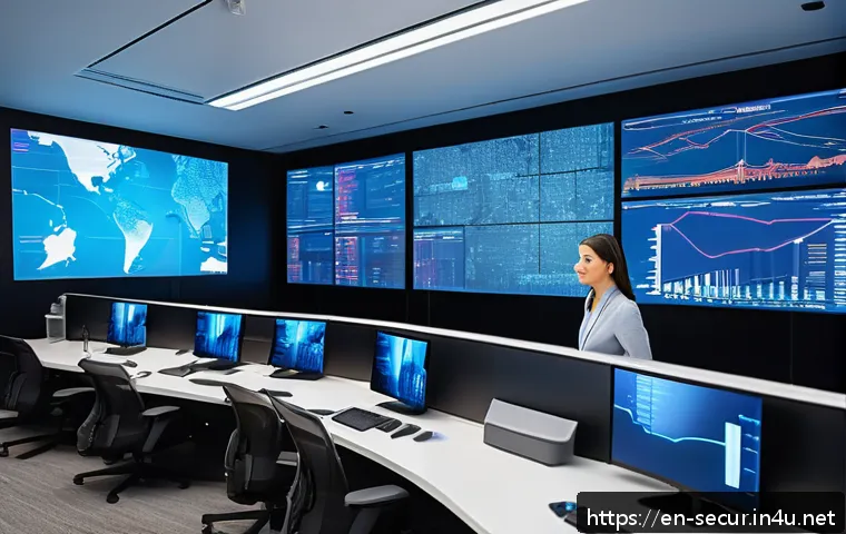 정보보안학 침해 사고 모니터링 - A high-tech cybersecurity operations center bustling with diverse analysts monitoring multiple large...