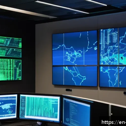 정보보안학 주요 교과목 - A high-tech cybersecurity operations center with multiple large monitors displaying real-time networ...