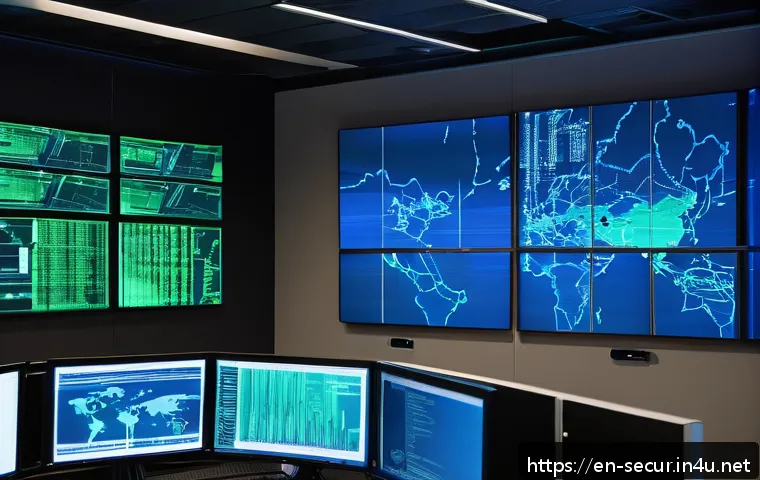 정보보안학 주요 교과목 - A high-tech cybersecurity operations center with multiple large monitors displaying real-time networ...