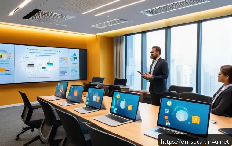 정보보안학 GDPR 컴플라이언스 - A modern corporate training room with diverse employees engaged in an interactive privacy awareness ...