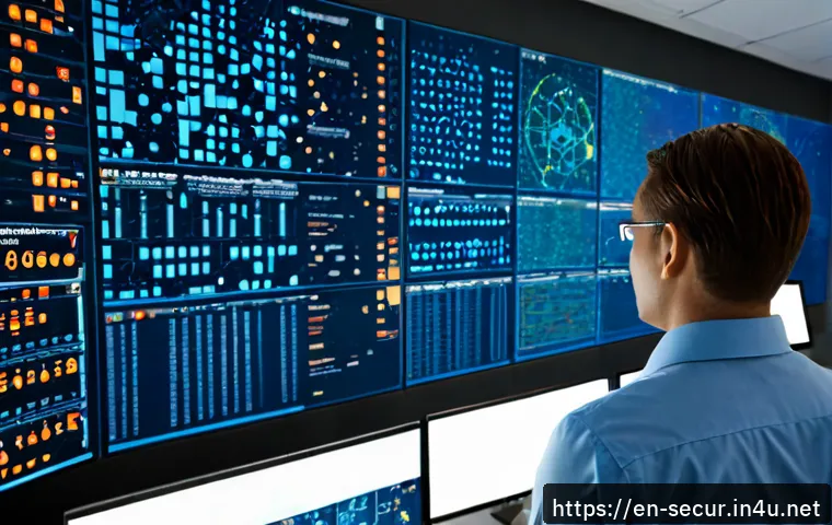 정보보안학 SIEM Security Information and Event Management - Photorealistic cybersecurity operations center, diverse IT security analyst at a clean workstation r...