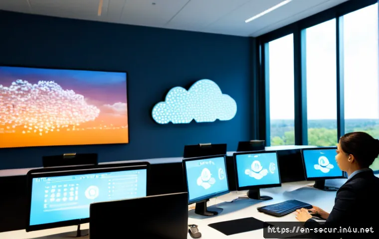 Home 17 정보보안학 클라우드 보안 관리 - Photorealistic cloud security management scene in a modern university cybersecurity lab, diverse adu...