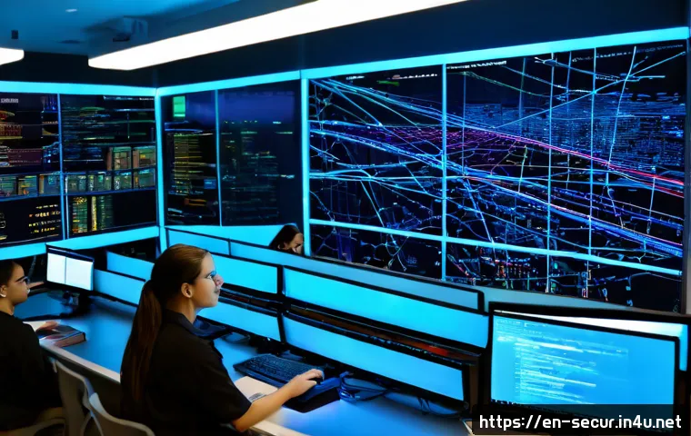 정보보안학 네트워크 보안 관리 - Photorealistic network security operations center in a modern American university, diverse cybersecu...