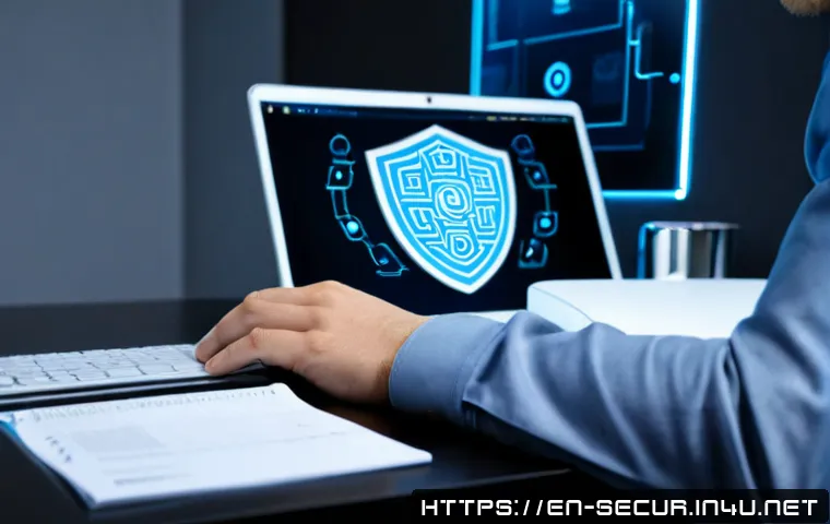 사이버 보안의 개념 - Photorealistic cybersecurity concept, focused view of a professional security analyst at a clean mod...
