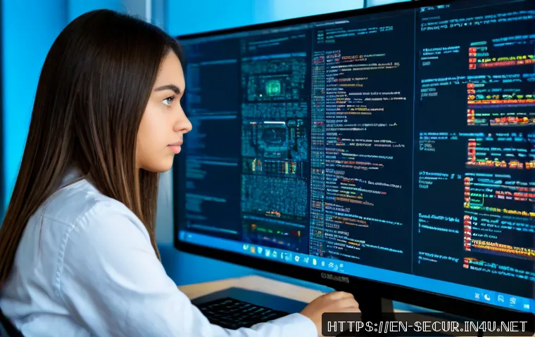 정보보안학 악성 코드 분석 - Photorealistic cybersecurity student in a modern university computer lab, studying suspicious softwa...